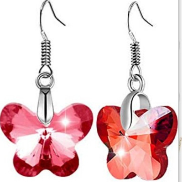 Butterfly Earrings Red Dangle Drop Earrings Butterflies Silver Translucent - Picture 1 of 8
